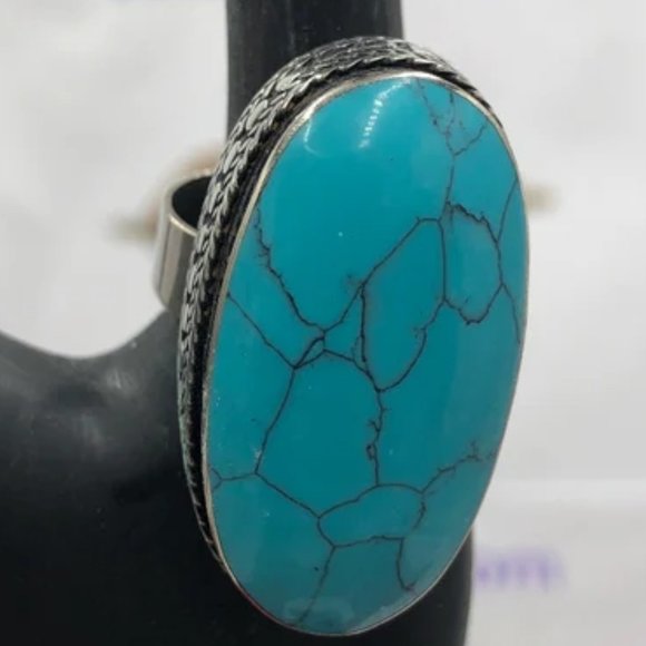 Ethnic Turquoise Stone Ring, Handmade Tribal Statement Ring, Stone Ring - Picture 6 of 6
